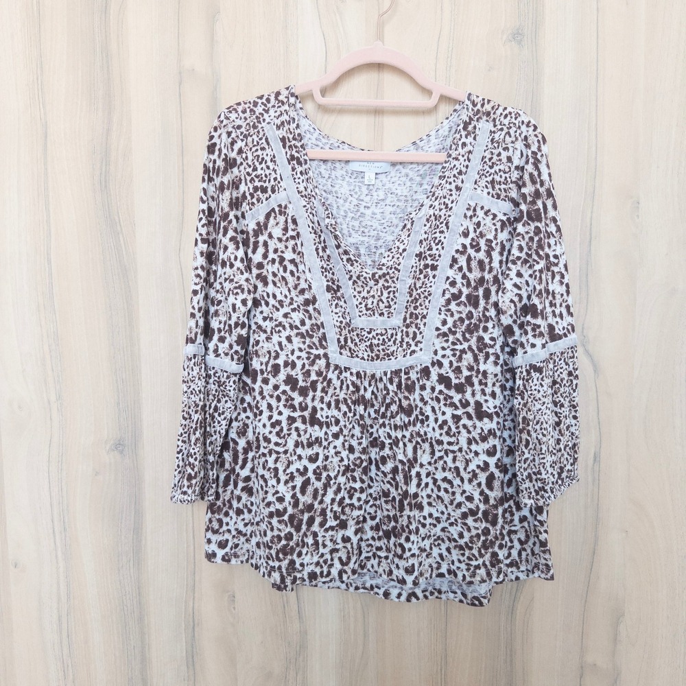 Womens‎ Leopard Print Velvet Trim Blouse Size L Brown Boho Balloon Sleeve Indie